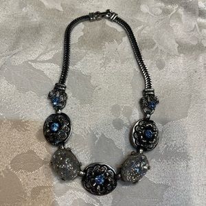 Vintage selro necklace. Blue rhinestones, confetti lucite & herringbone chain.